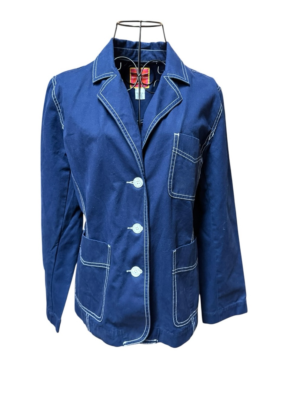 Isaac Mizrahi Royal Blue Cotton Blazer White Contrast Stitching Large